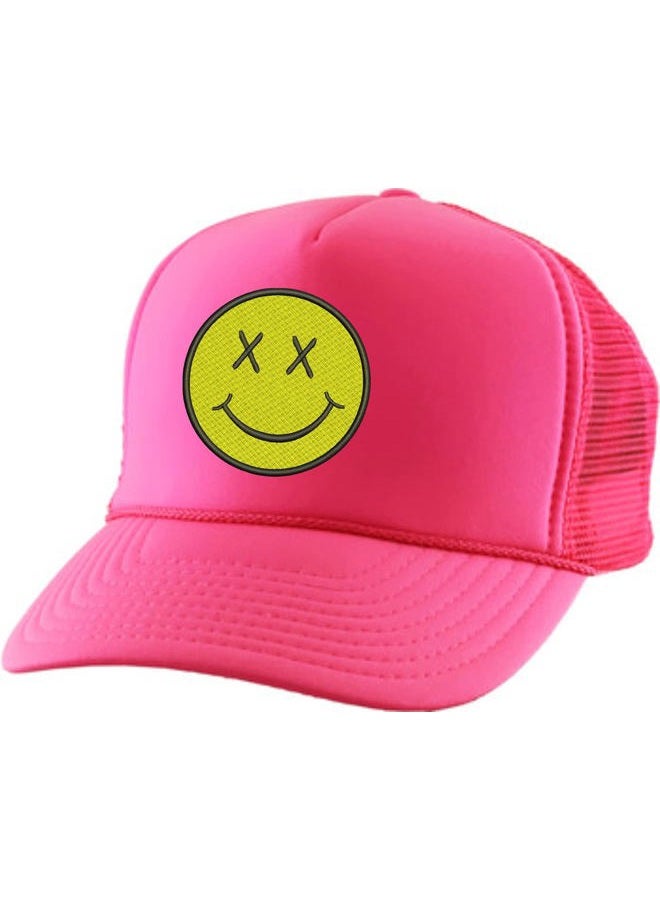 ALLNTRENDS Adult Trucker Hat Smiley Face Embroidered Baseball Cap Adjustable Snapback, Neon Pink, One size - Image 1