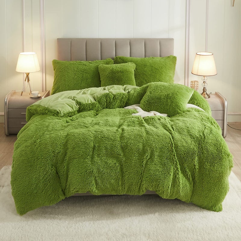 Uhamho Faux Fur Velvet Fluffy Bedding Duvet Cover Set Down Comforter Quilt Cover with Pillow Shams Ultra Soft Warm Apple Green King