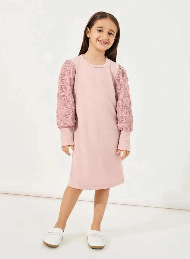 Styli Floral Lace Sleeve Rib Knit Knee-Length Dress