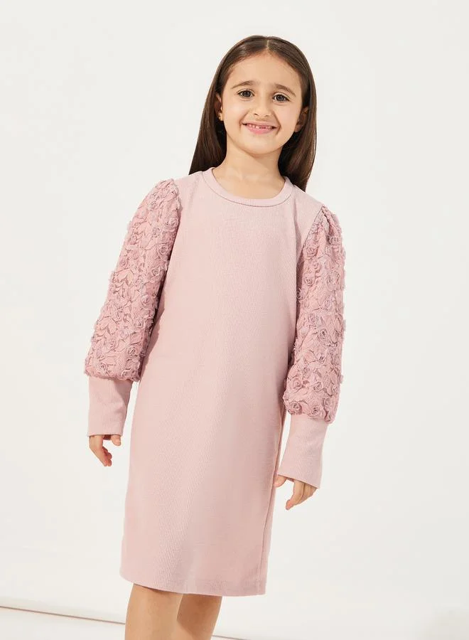 Styli Floral Lace Sleeve Rib Knit Knee-Length Dress