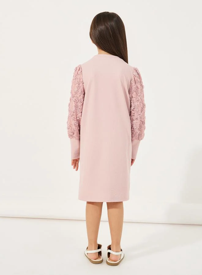 Styli Floral Lace Sleeve Rib Knit Knee-Length Dress