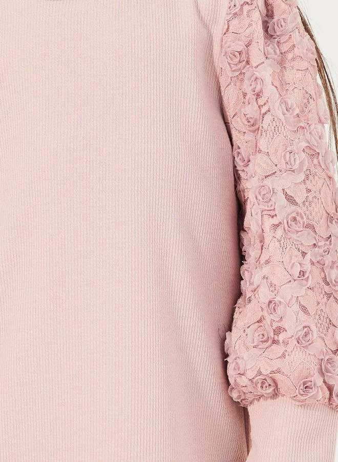 Styli Floral Lace Sleeve Rib Knit Knee-Length Dress