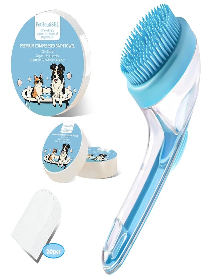 PetBoutiSEL Dog Bath Brush with Shampoo Dispenser - 4-in-1 Pet Bath Brush & Grooming Kit, Dog Shampoo Brush, Includes Silicone Scrubber Pet Shower Brush, Compressed Towel, Wipes & Tablets for Cat Shower - Image 1