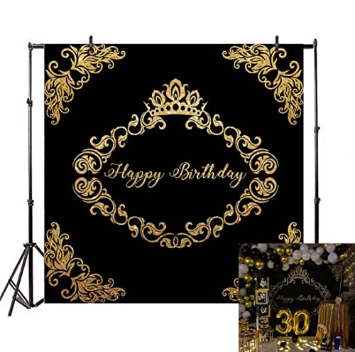 LFEEY 8x8ft Father Mother Birthday Party Backdrop for Photos Black Background Gold Crown Flower Pattern Adutls 30th 40th 50th Birthday Parties Photo Booth Props - Image 1