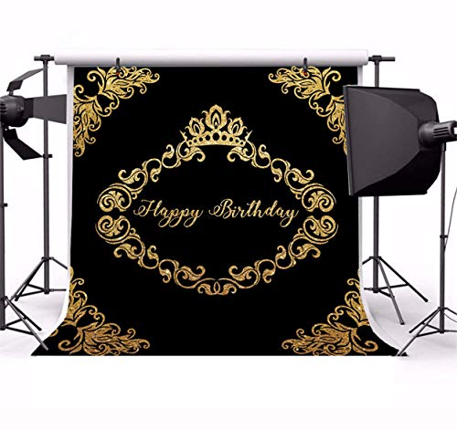 LFEEY 8x8ft Father Mother Birthday Party Backdrop for Photos Black Background Gold Crown Flower Pattern Adutls 30th 40th 50th Birthday Parties Photo Booth Props - Image 3