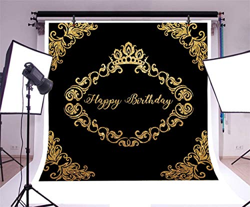 LFEEY 8x8ft Father Mother Birthday Party Backdrop for Photos Black Background Gold Crown Flower Pattern Adutls 30th 40th 50th Birthday Parties Photo Booth Props - Image 2