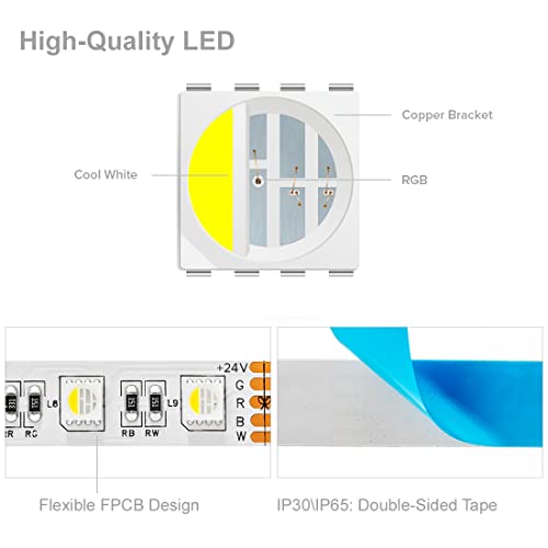 BTF-LIGHTING 5050 RGBW RGB+Cool White(6000K-7000K) 4 Colors in 1 LED Tape Light DC24V 5m 16.4ft 60LED/m Multi-Colored IP30 White 12mm PCB for Bedroom Kitchen Home Decoration(No Adapter or Controller) - Image 3