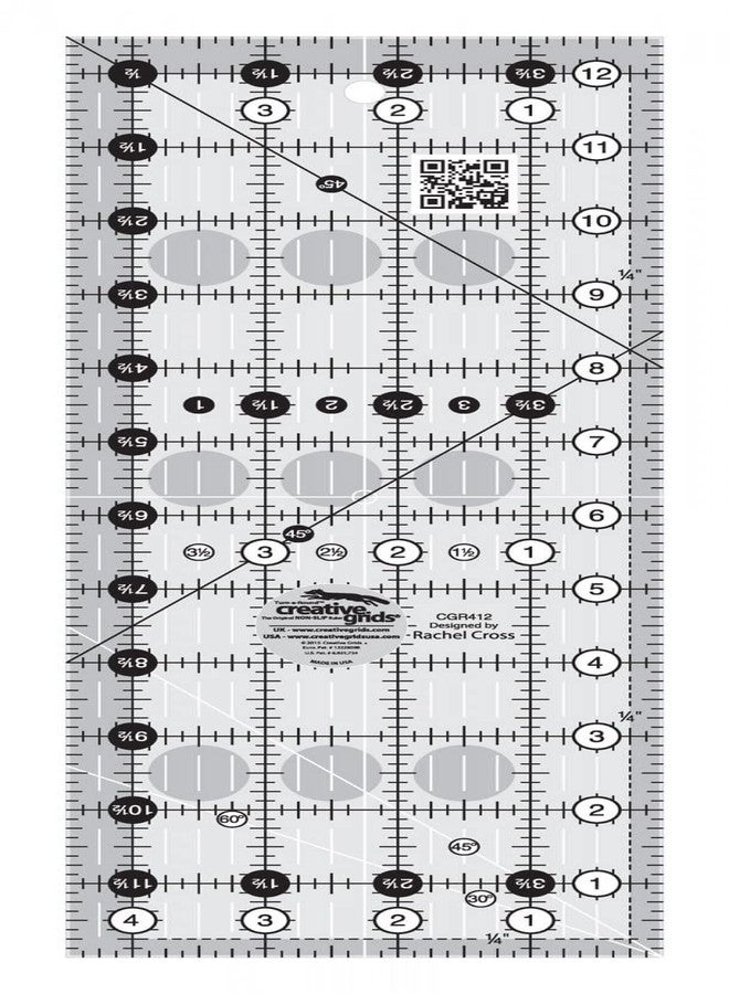 كريتيف جريدز مسطرة لحاف Creative Grids مستطيلة مقاس 4-1/2 بوصة × 12-1/2 بوصة - CGR412 - صُنعت في الولايات المتحدة الأمريكية، مصنوعة من الأكريليك بمقبض مانع للانزلاق، تُستخدم للخياطة والحرف اليدوية والترقيع، لقياس وقطع القماش - Image 1