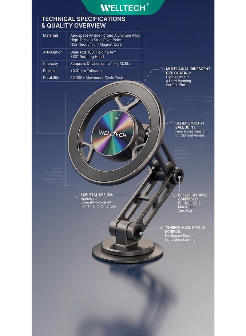 WELLTECH Magnetic Car Phone Holder Foldable Dashboard Mount 360° Rotation Strong Magnet Mobile Stand for iPhone Samsung – Welltech HOL777 - Image 3
