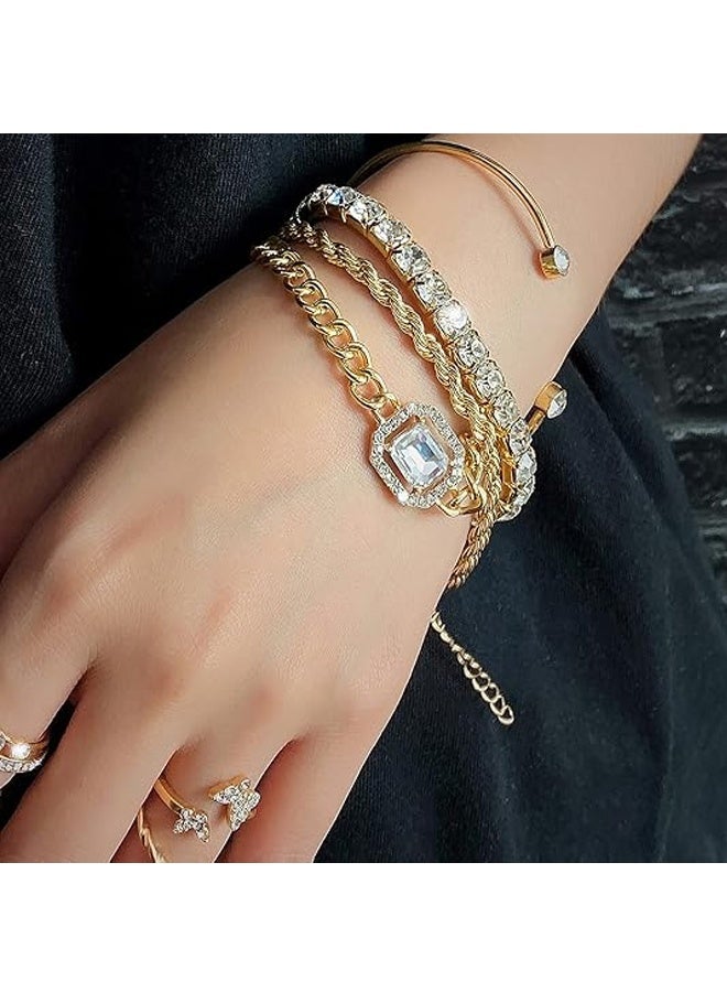 4 Pcs Dainty Gold Silver Bracelets Set for Women 14K Plated Link Cubic Zirconia Paperclip Stake Layering Chain Adjustable Trendy Hand Jewelry - Image 4