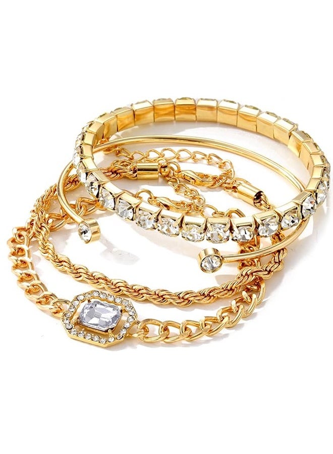 4 Pcs Dainty Gold Silver Bracelets Set for Women 14K Plated Link Cubic Zirconia Paperclip Stake Layering Chain Adjustable Trendy Hand Jewelry - Image 2