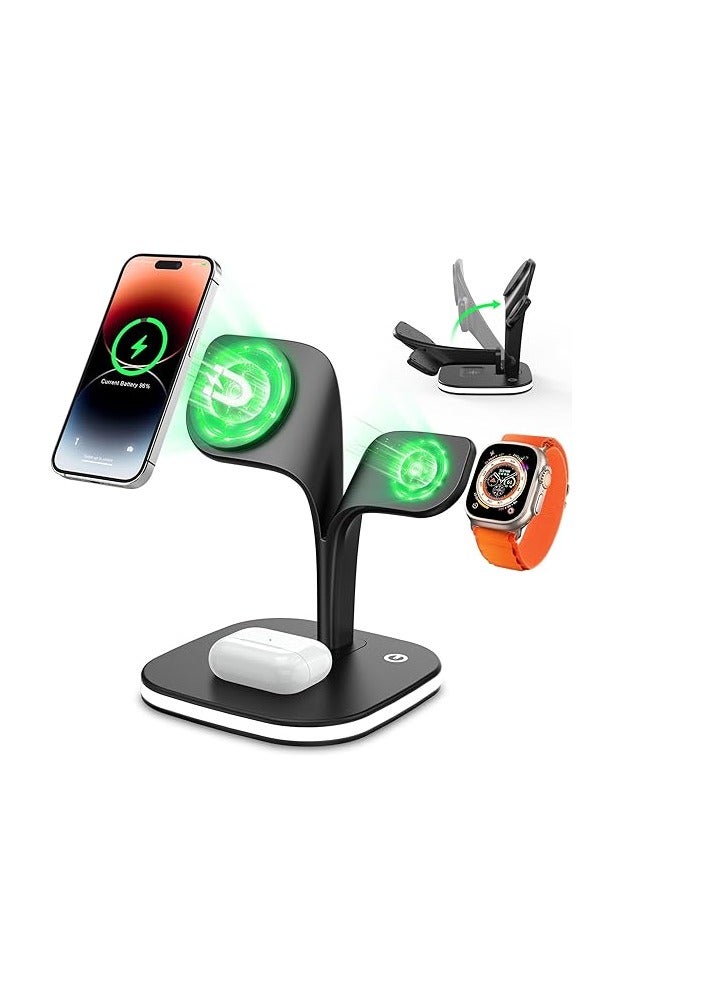 YM Ultra-fast magnetic wireless charger; foldable 5-in-1 wireless charger with USB port and night light; 15W fast charging (MagSafe compatible); magnetic wireless charger for phones, earbuds, and smartwatches; compatible with iPhone 16/15/14/13/12 Pro Max, AirPods, and Samsung Galaxy S24/S23/S22. - Image 1
