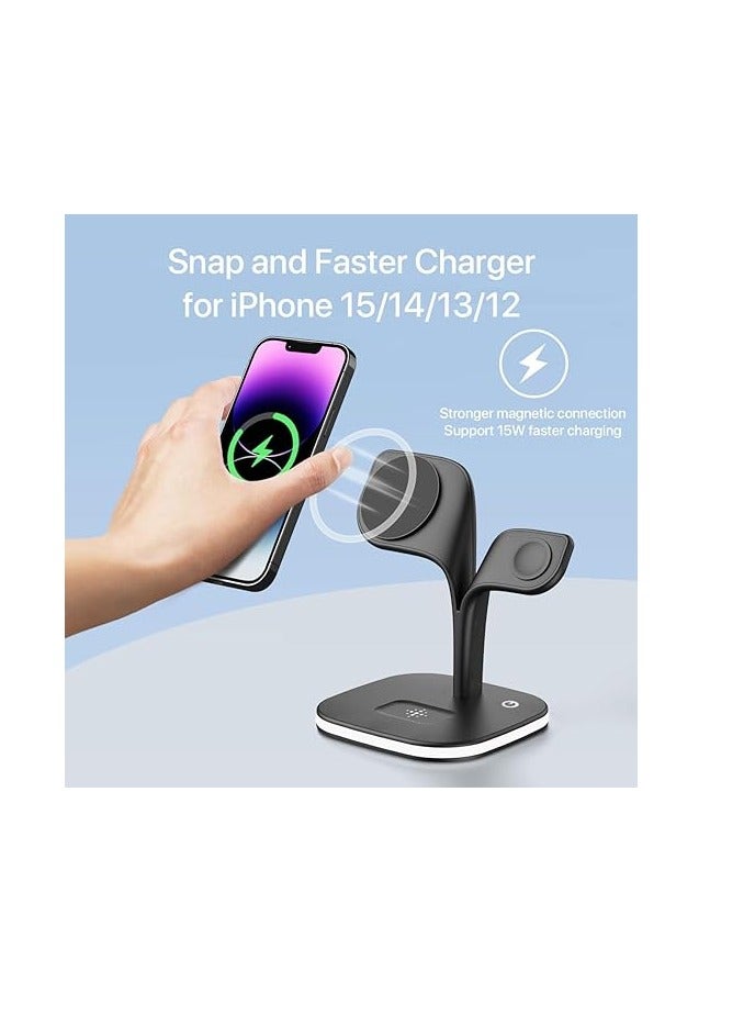 YM Ultra-fast magnetic wireless charger; foldable 5-in-1 wireless charger with USB port and night light; 15W fast charging (MagSafe compatible); magnetic wireless charger for phones, earbuds, and smartwatches; compatible with iPhone 16/15/14/13/12 Pro Max, AirPods, and Samsung Galaxy S24/S23/S22. - Image 3