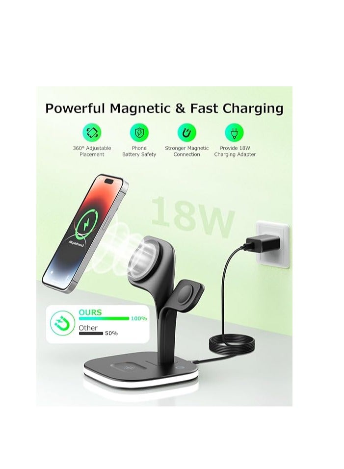 YM Ultra-fast magnetic wireless charger; foldable 5-in-1 wireless charger with USB port and night light; 15W fast charging (MagSafe compatible); magnetic wireless charger for phones, earbuds, and smartwatches; compatible with iPhone 16/15/14/13/12 Pro Max, AirPods, and Samsung Galaxy S24/S23/S22. - Image 4