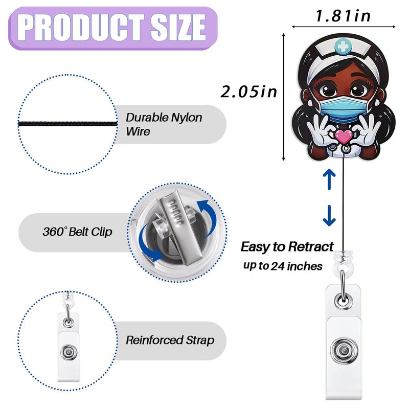 Bydevia Cute Black Girl Badge Reel Retractable for African American Nurse Nursing RN LPN & Medical Assistant | Funny Black Girl Nurse ID Badge Holder with Alligator Clip & 24â€ Durable Nylon Cord | Acrylic - Image 2