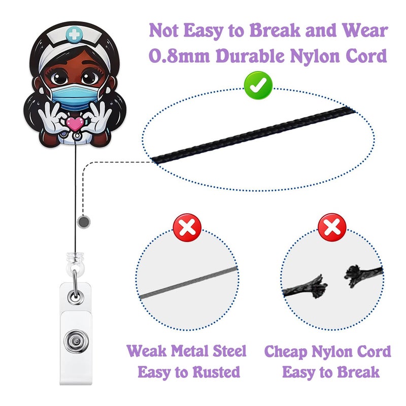 Bydevia Cute Black Girl Badge Reel Retractable for African American Nurse Nursing RN LPN & Medical Assistant | Funny Black Girl Nurse ID Badge Holder with Alligator Clip & 24â€ Durable Nylon Cord | Acrylic - Image 4