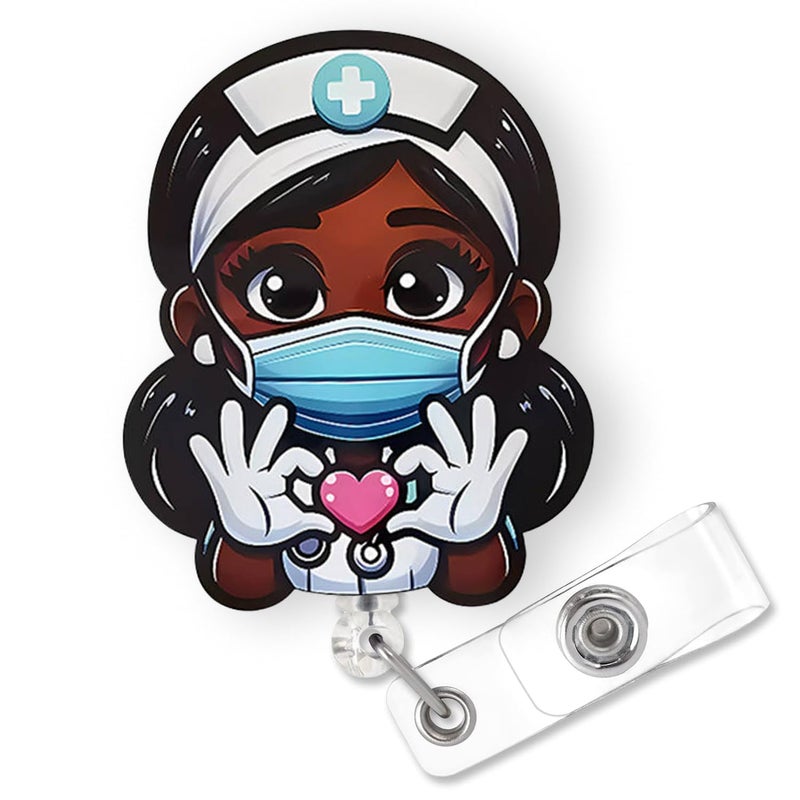 Bydevia Cute Black Girl Badge Reel Retractable for African American Nurse Nursing RN LPN & Medical Assistant | Funny Black Girl Nurse ID Badge Holder with Alligator Clip & 24â€ Durable Nylon Cord | Acrylic - Image 1