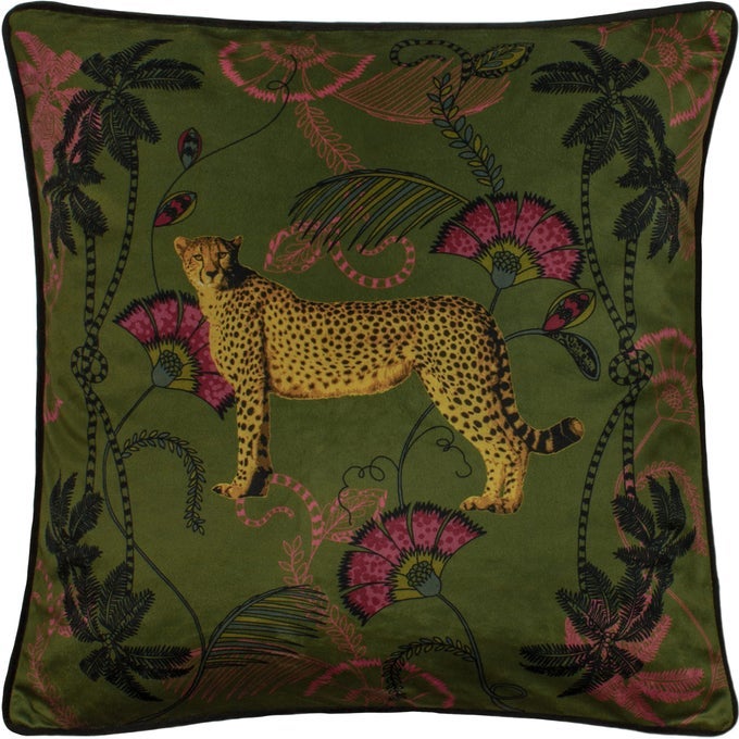 CHEETAH VELVET CUSHION MAJESTIC JUNGLE DESIGN WITH PIPED EDGE KHAKI 45 X 45CM