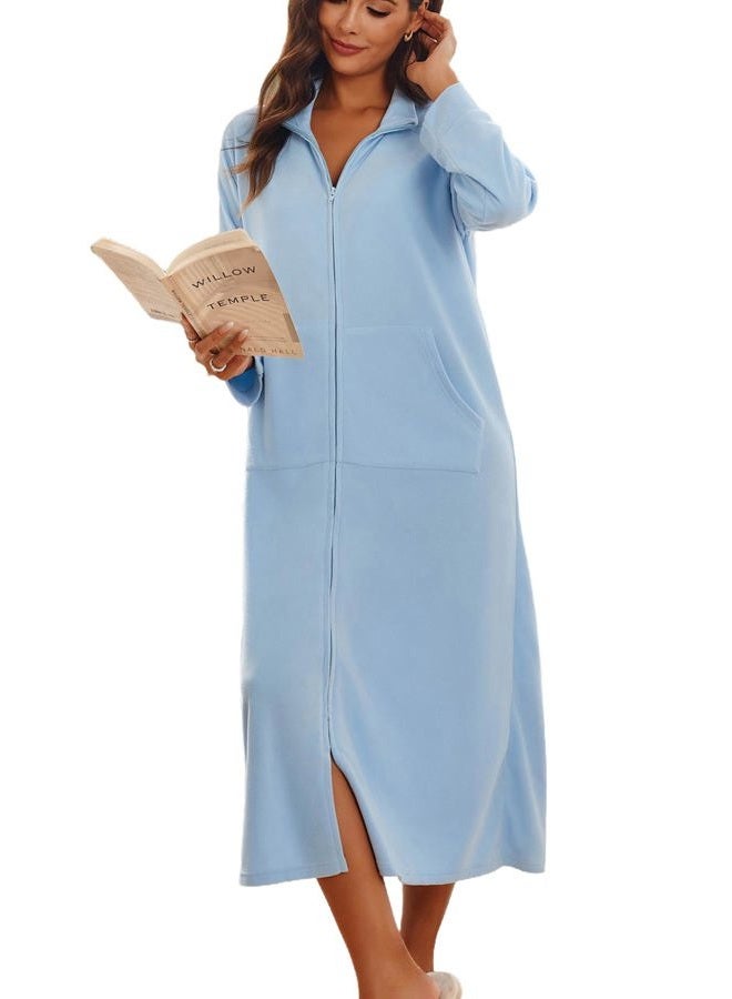 Ekouaer Women Zipper Robe Long Sleeves House Coat Soft Fleece Bathrobe Sleepwear with Pockets Housecoat Loungewear Blue X-Large - Image 1