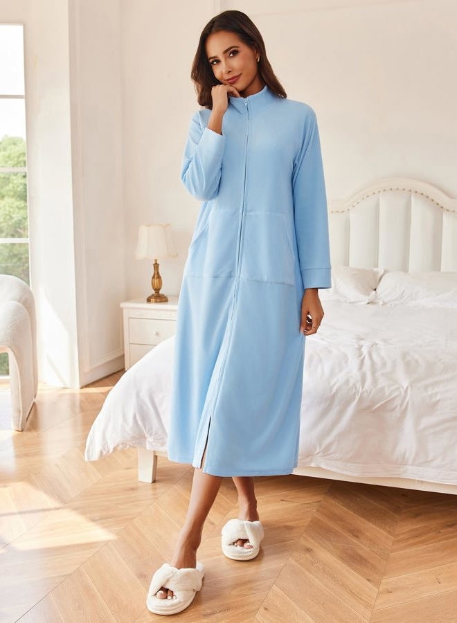 Ekouaer Women Zipper Robe Long Sleeves House Coat Soft Fleece Bathrobe Sleepwear with Pockets Housecoat Loungewear Blue X-Large - Image 5