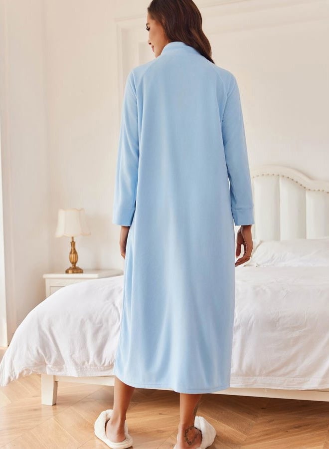 Ekouaer Women Zipper Robe Long Sleeves House Coat Soft Fleece Bathrobe Sleepwear with Pockets Housecoat Loungewear Blue X-Large - Image 2