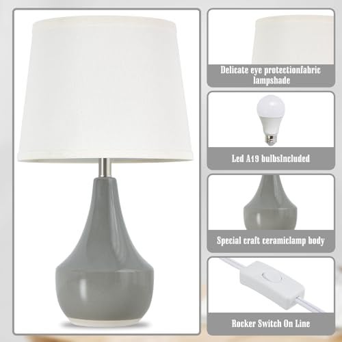 GyroVu 18" Table Lamp Set of 2, Ceramic Table Lamp Classic Beside Lamps Nightstand Lamp Modern Lamp for Living Room, Bedroom & Office Rocker Switch Grey-LED Bulbs Included - Image 4