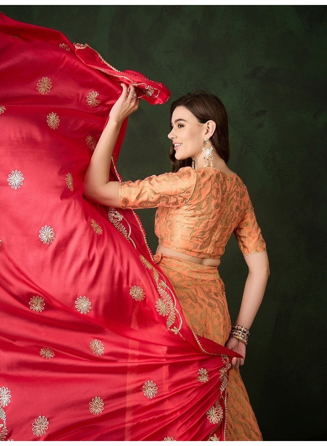 AKS Peach lehenga Banarasi lehenga Choli with Crimson red Dupatta  - Image 1