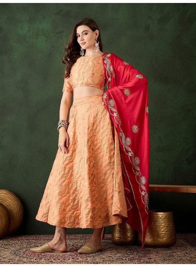 AKS Peach lehenga Banarasi lehenga Choli with Crimson red Dupatta  - Image 5