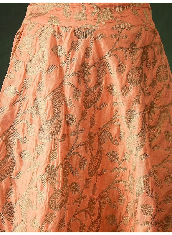AKS Peach lehenga Banarasi lehenga Choli with Crimson red Dupatta  - Image 2
