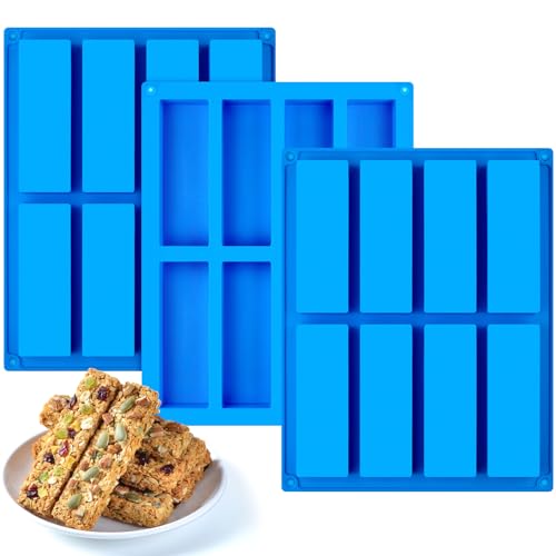 CLUEWR 3 PCS Granola Bar Mold, 8 Cavity Rectangle Silicone Bar Mold for Baking Chocolate/Candy/Protein/Energy Bar, Caramel, Truffle, Brownie, Cheesecake, Butter - Image 1