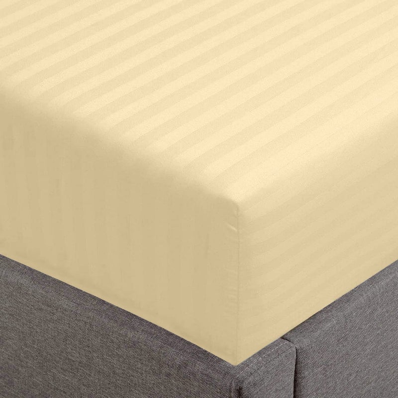 FEATHER & STITCH NEW Feather & Stitch 100% Cotton 1 Piece Damask Stripe King Fitted Sheet 500 Thread Count Semolina 18"" Extra Deep Pocket Luxury Sateen Weave Stretchable Boxer Elastic Fits Mattress Perfectly  - Image 1