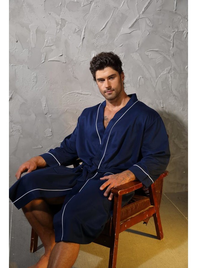 Lagtew Mens Kimono Robe Lightweight Soft Bathrobe Sleepwear Loungewear with Pockets,NAVY,M - Image 4
