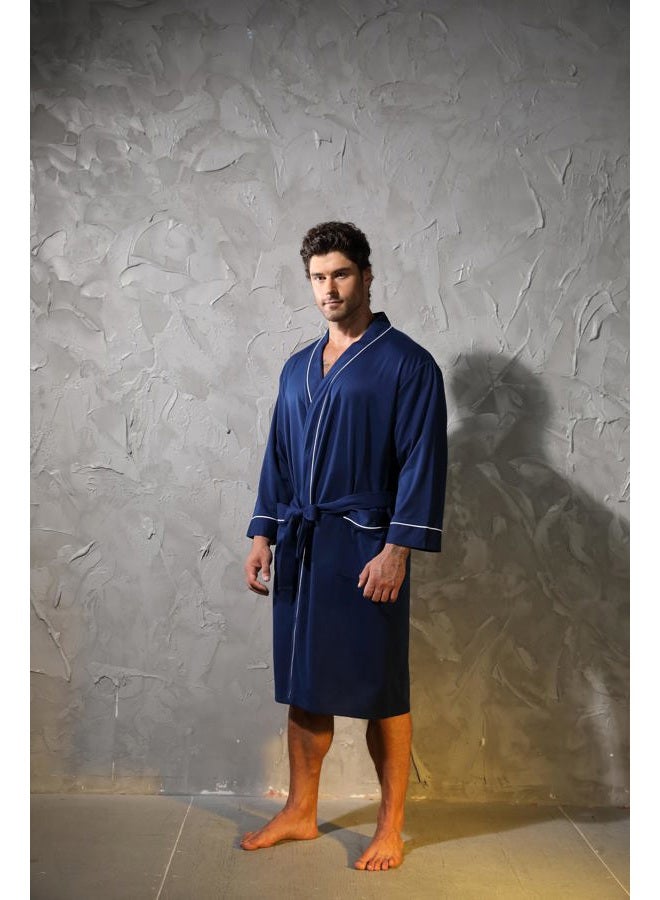 Lagtew Mens Kimono Robe Lightweight Soft Bathrobe Sleepwear Loungewear with Pockets,NAVY,M - Image 2