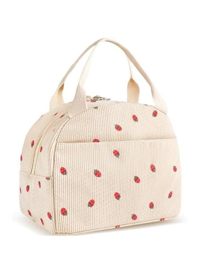 Generic Insulated Lunch Bag for Women Teen Girls Kids Adults Large Lunch Box Preppy Cute Beige Corduroy Strawberry Lunch Bag Big Thermal Freezable Reusable Lunch Tote Bag for Picnic School Work  - Image 1