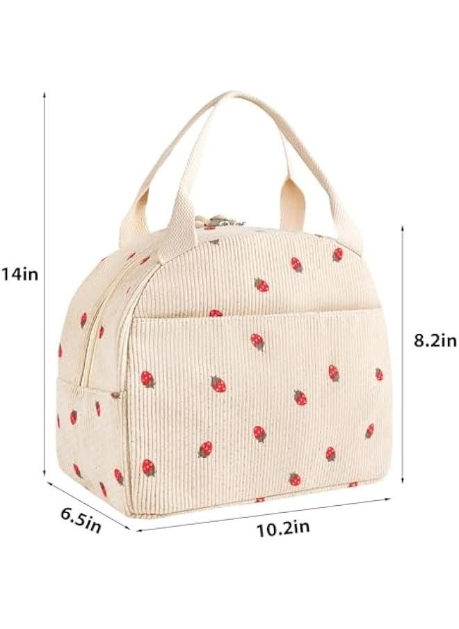 Generic Insulated Lunch Bag for Women Teen Girls Kids Adults Large Lunch Box Preppy Cute Beige Corduroy Strawberry Lunch Bag Big Thermal Freezable Reusable Lunch Tote Bag for Picnic School Work  - Image 5