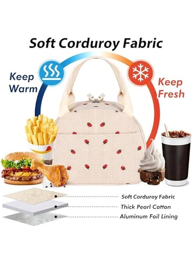 Generic Insulated Lunch Bag for Women Teen Girls Kids Adults Large Lunch Box Preppy Cute Beige Corduroy Strawberry Lunch Bag Big Thermal Freezable Reusable Lunch Tote Bag for Picnic School Work  - Image 4