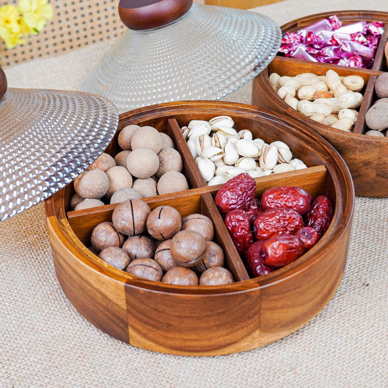 Lilacooqinn Wooden Snack Box with Glass Lid, 4-Compartment Serving Tray for Nuts, Candy, Dried Fruits, Multipurpose Storage Container for Home & Parties - Image 2