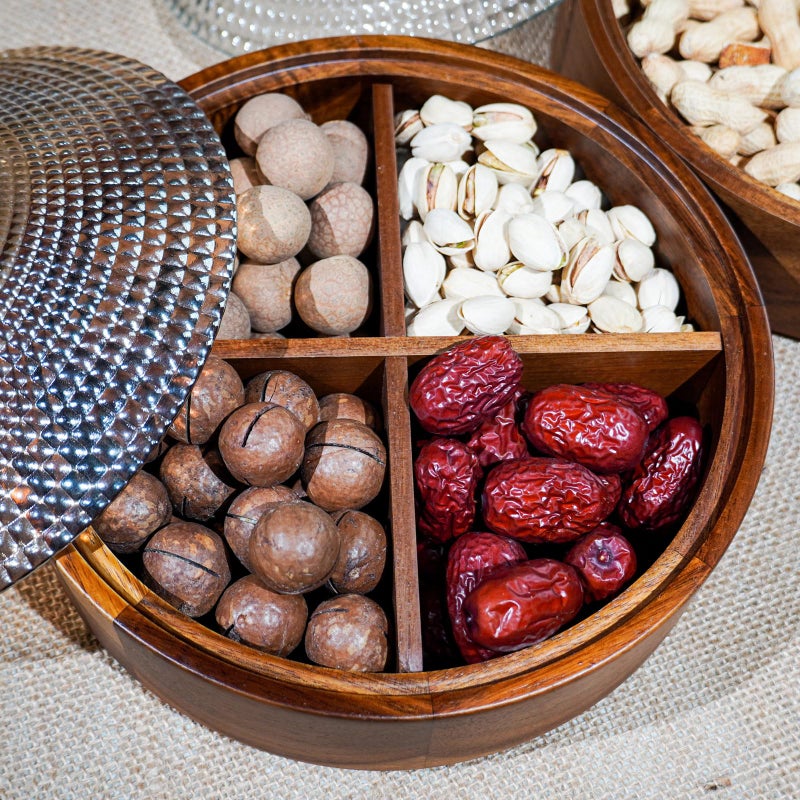 Lilacooqinn Wooden Snack Box with Glass Lid, 4-Compartment Serving Tray for Nuts, Candy, Dried Fruits, Multipurpose Storage Container for Home & Parties - Image 3