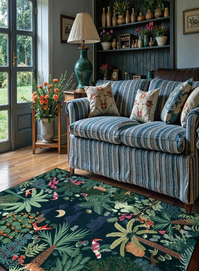 لايف بوكس سجادة لايف بوكس قابلة للغسل بنمط الغابة باللون الأخضر الداكن، مقاس 5x7، مناسبة لغرفة المعيشة، سجادة أنيقة مانعة للانزلاق لغرفة نوم الأطفال، سجادة ناعمة مقاومة للبقع بنقوش نباتية، مناسبة لتزيين غرفة الطعام في غرفة الأطفال. - Image 2