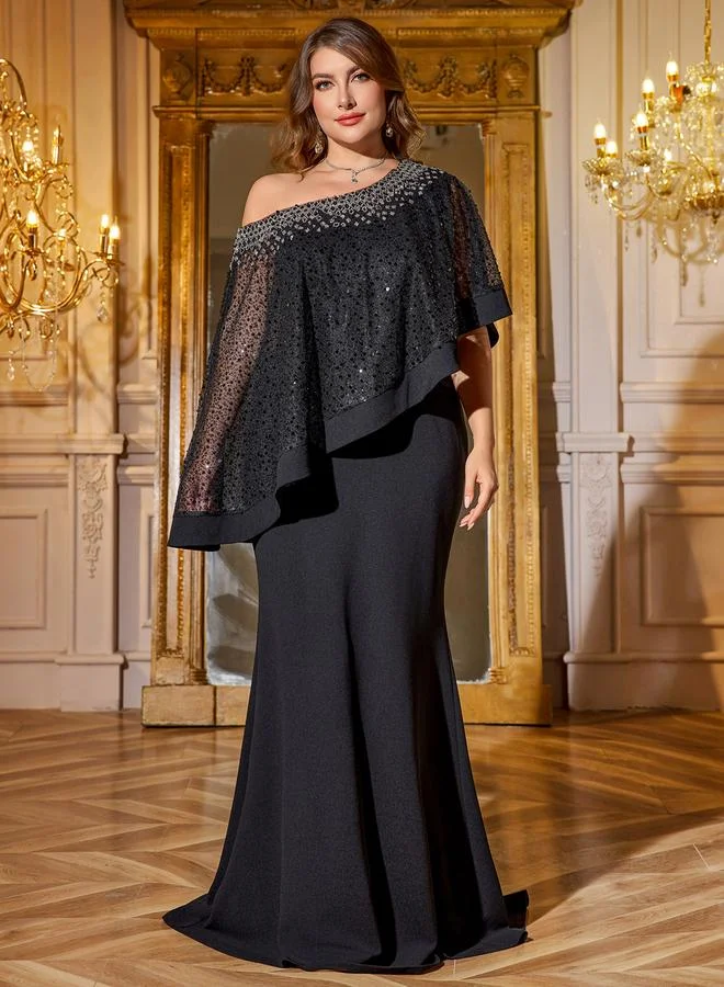Supgir Plus Size Black Embellished Cape Sleeve Maxi Dress