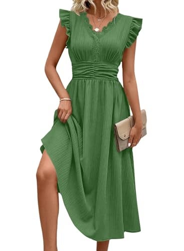 Shein SHEWIN Women Summer Dress Ruffle Short Sleeve V Neck Dresses Boho Semi Formal Wedding Guest Party Outfits Solid Elegant Dressy Casual 2026 Clothes Vestidos De Mujer Size S, Green - Image 1
