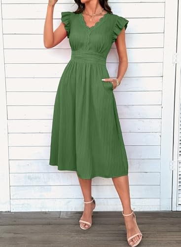Shein SHEWIN Women Summer Dress Ruffle Short Sleeve V Neck Dresses Boho Semi Formal Wedding Guest Party Outfits Solid Elegant Dressy Casual 2026 Clothes Vestidos De Mujer Size S, Green - Image 2