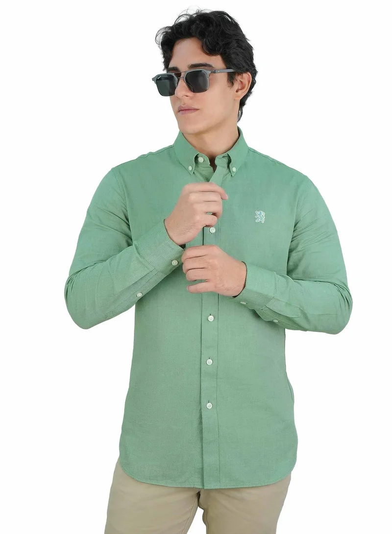 جيوردانو قميص رجالي قطن أكسفورد بتطريز أسد صغير، قصة ضيقة، أزرار كاملة