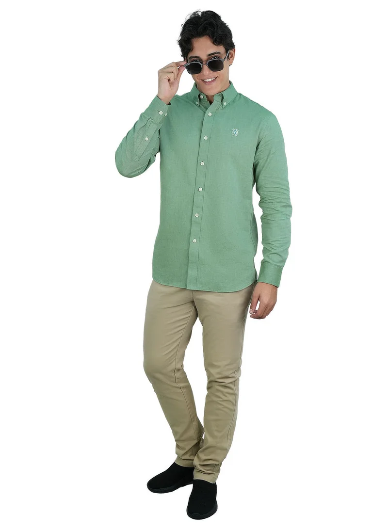 جيوردانو قميص رجالي قطن أكسفورد بتطريز أسد صغير، قصة ضيقة، أزرار كاملة