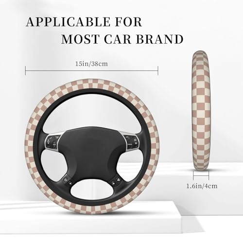 Gwwens Khaki Checkered Steering Wheel Cover for Women,Universal Auto Steering Wheel 14-15 Inch Car Interior Accessories with 2PCS Car Coasters,Suitable for Men and Women - Image 3