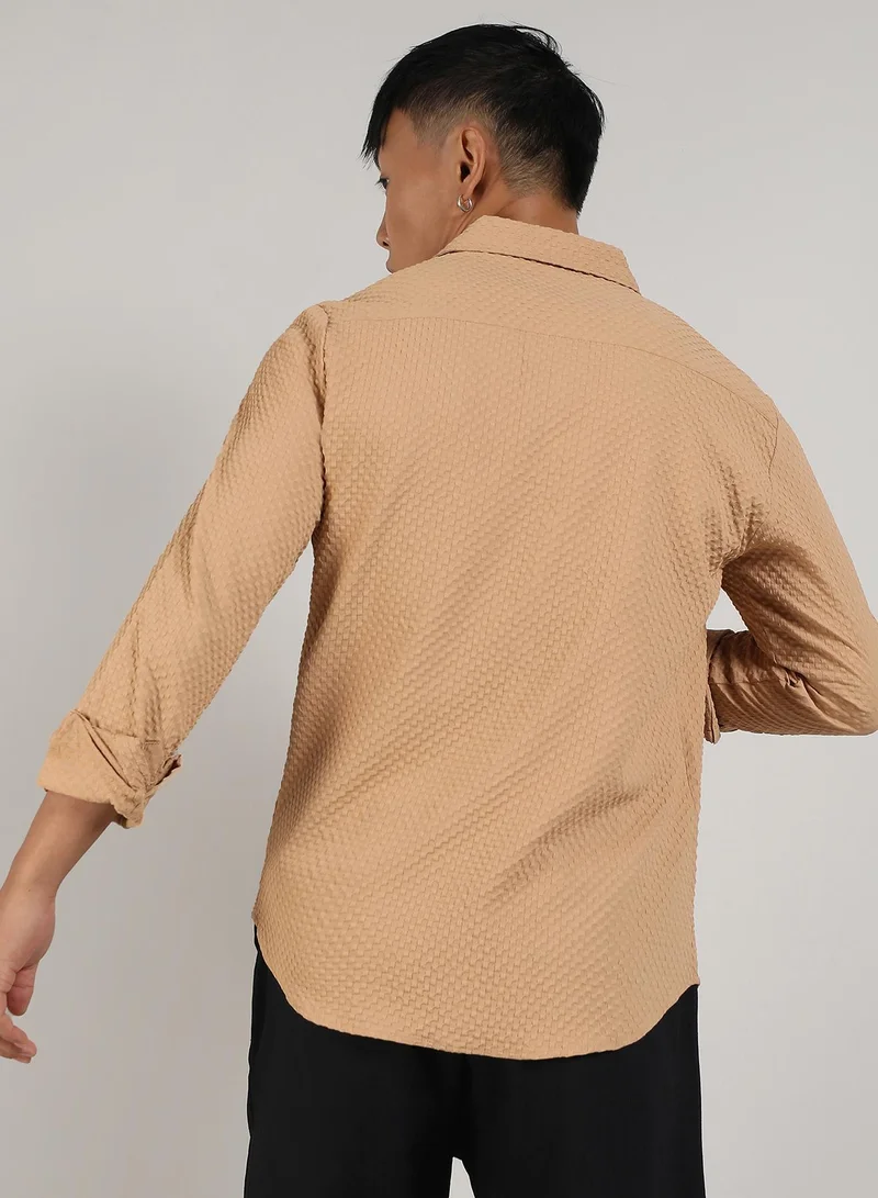 Campus Sutra Men's Beige Textured Micro Buffalo Check Shirt
