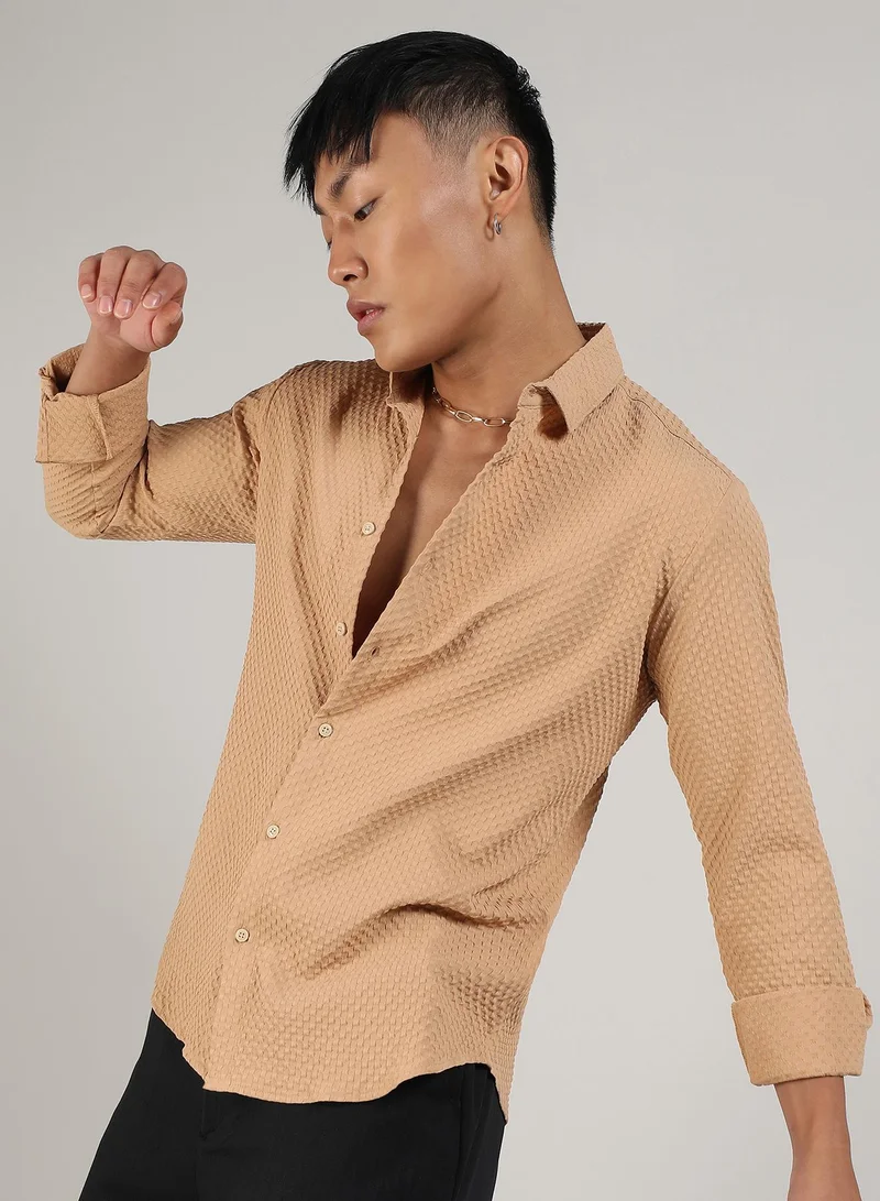 Campus Sutra Men's Beige Textured Micro Buffalo Check Shirt