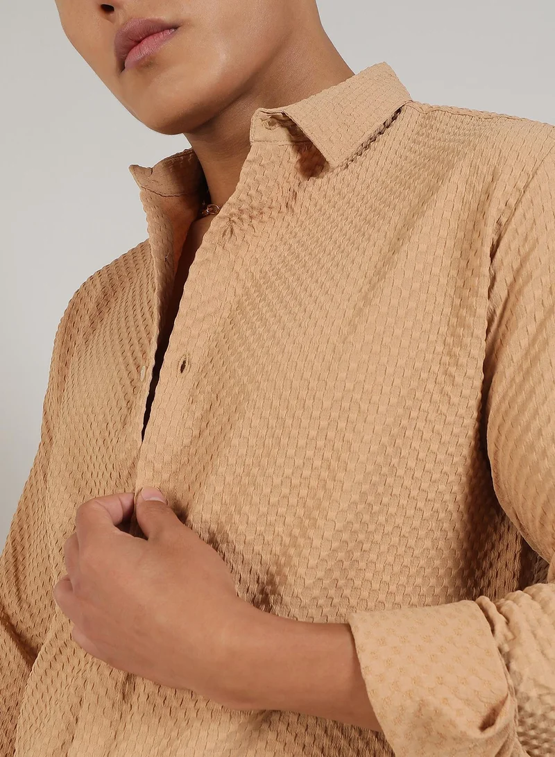 Campus Sutra Men's Beige Textured Micro Buffalo Check Shirt