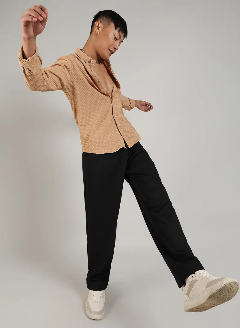 Campus Sutra Men's Beige Textured Micro Buffalo Check Shirt