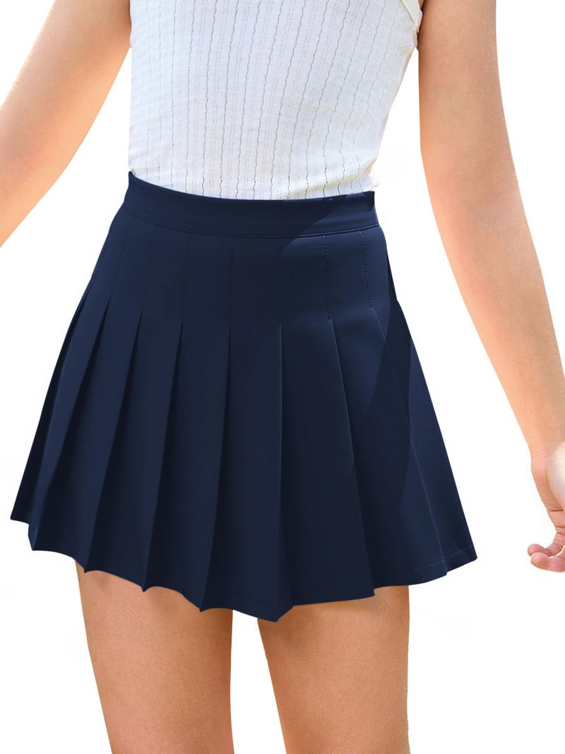 Haloumoning Girls Pleated Skirt Kids School Uniform Elastic High Waist Tennis Skirts with Shorts 5-14 Years, Navy Blue, 5-6 Years - Image 1